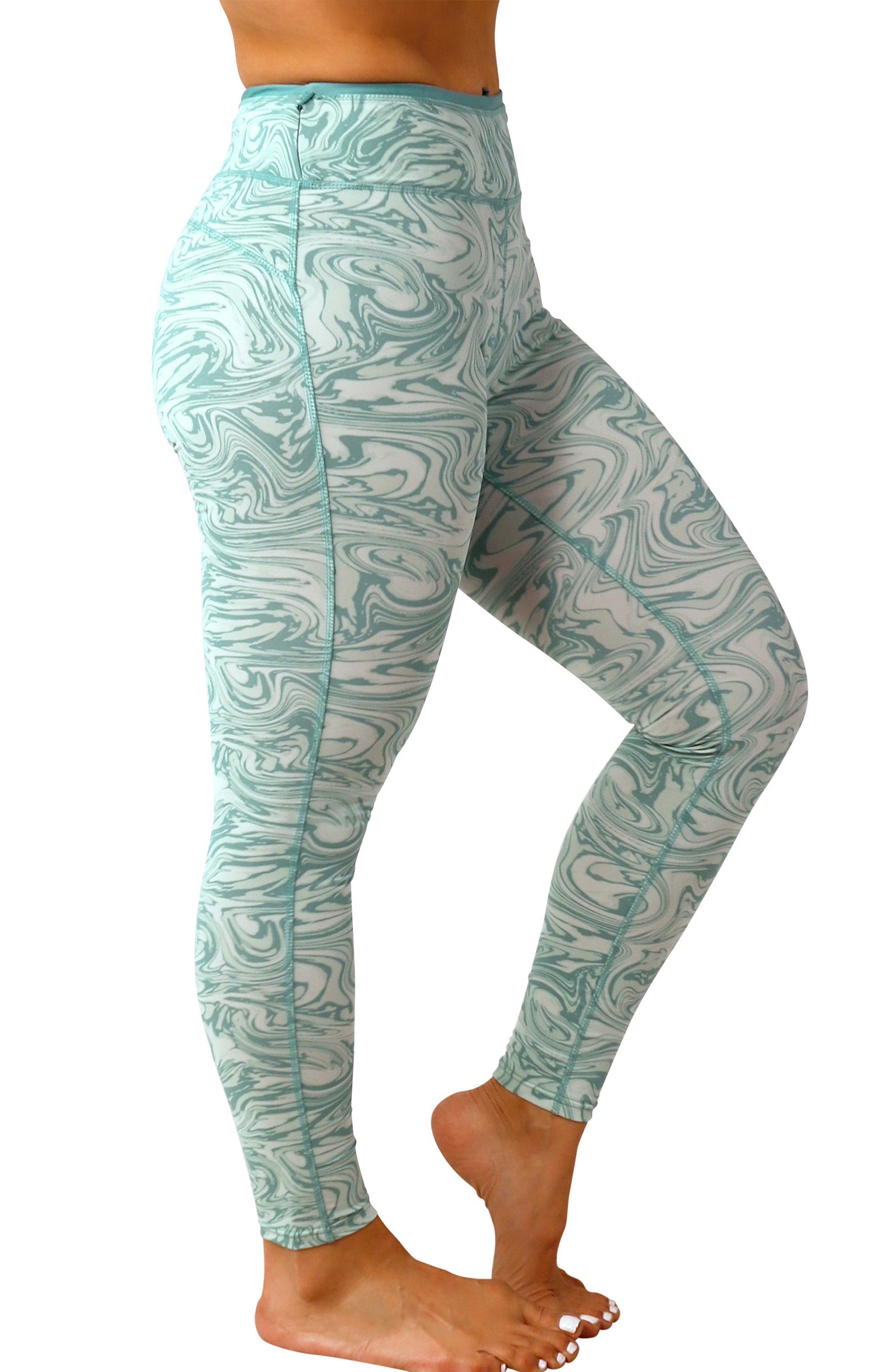 side view of women's active sport swim leggingz in river marble|river-marble