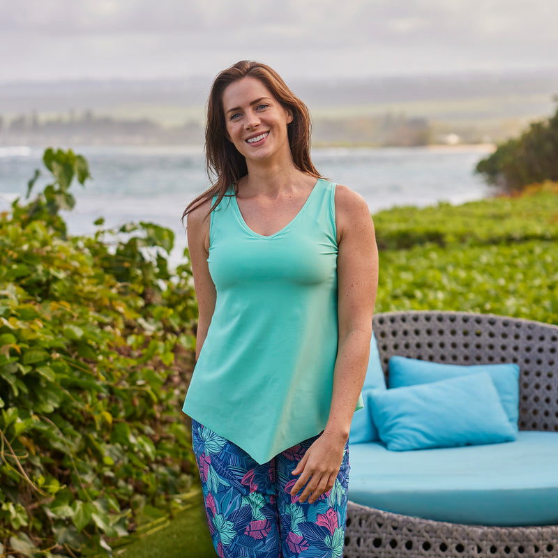 woman outside smiling in swing tank top|seaglass