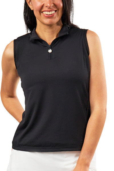 womens front zip mock neck suntank in black|black