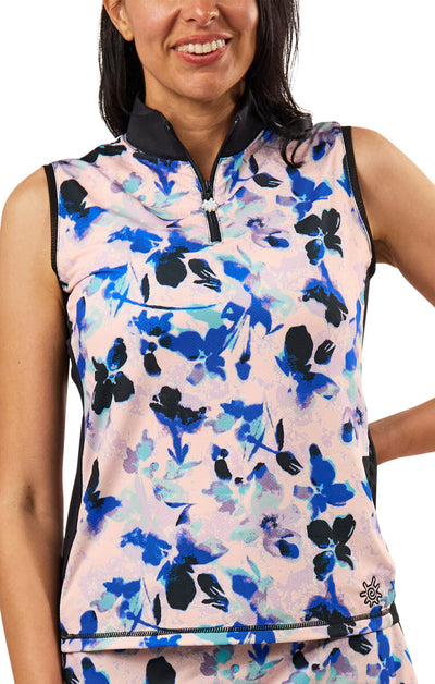 womens front zip mock neck suntank in water floral|water-floral