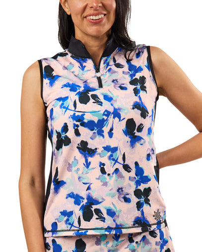 womens front zip mock neck suntank in water floral|water-floral