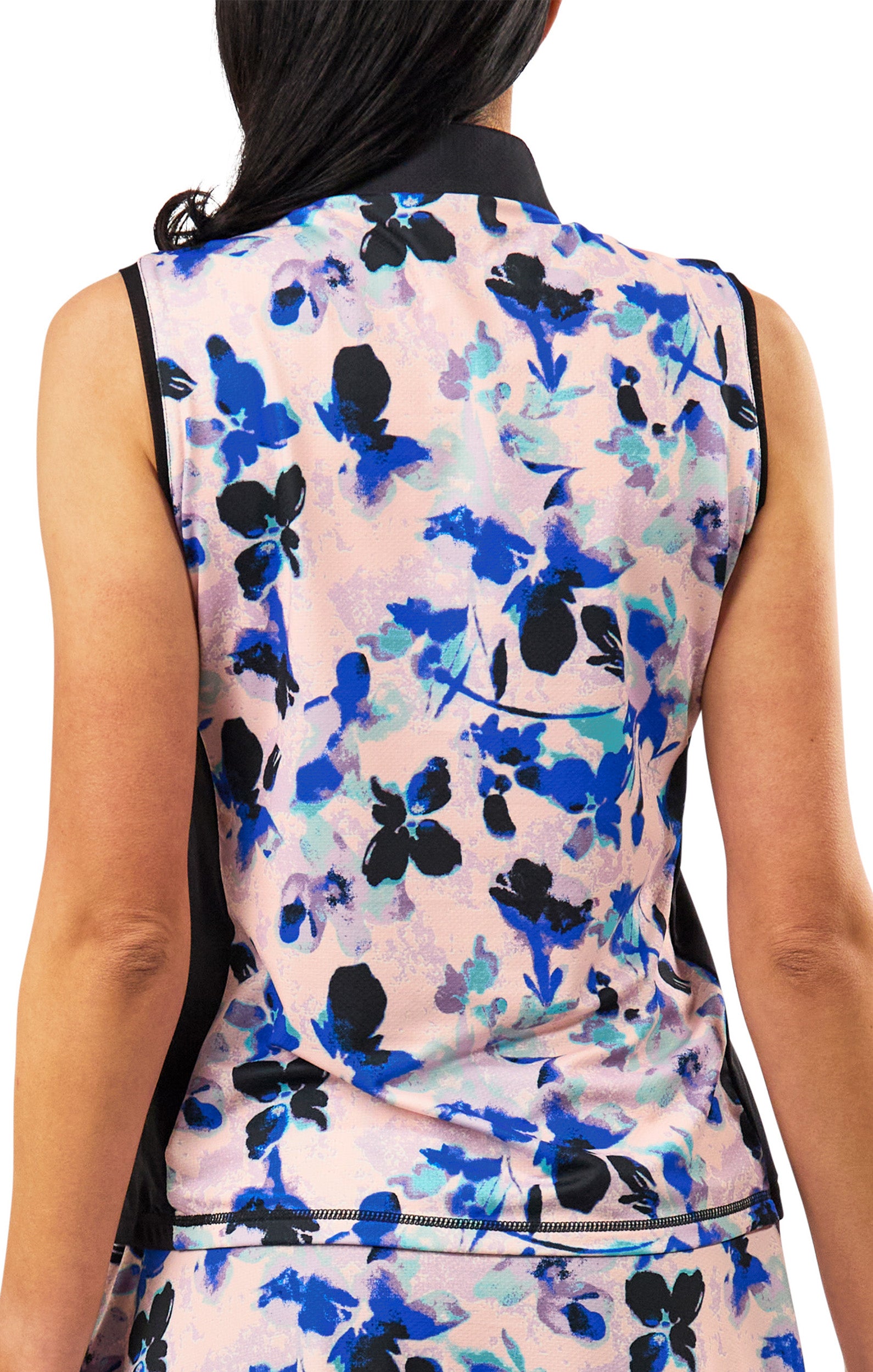 back view of womens front zip mock neck suntank in water floral|water-floral