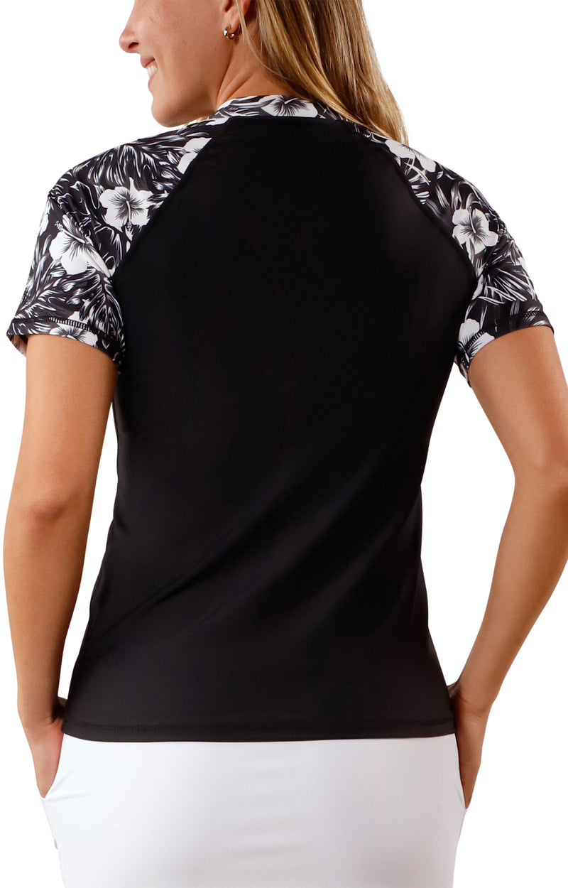 back view of uv skinz women's short sleeve v-neck sun & swim shirt in black paradise|black-paradise