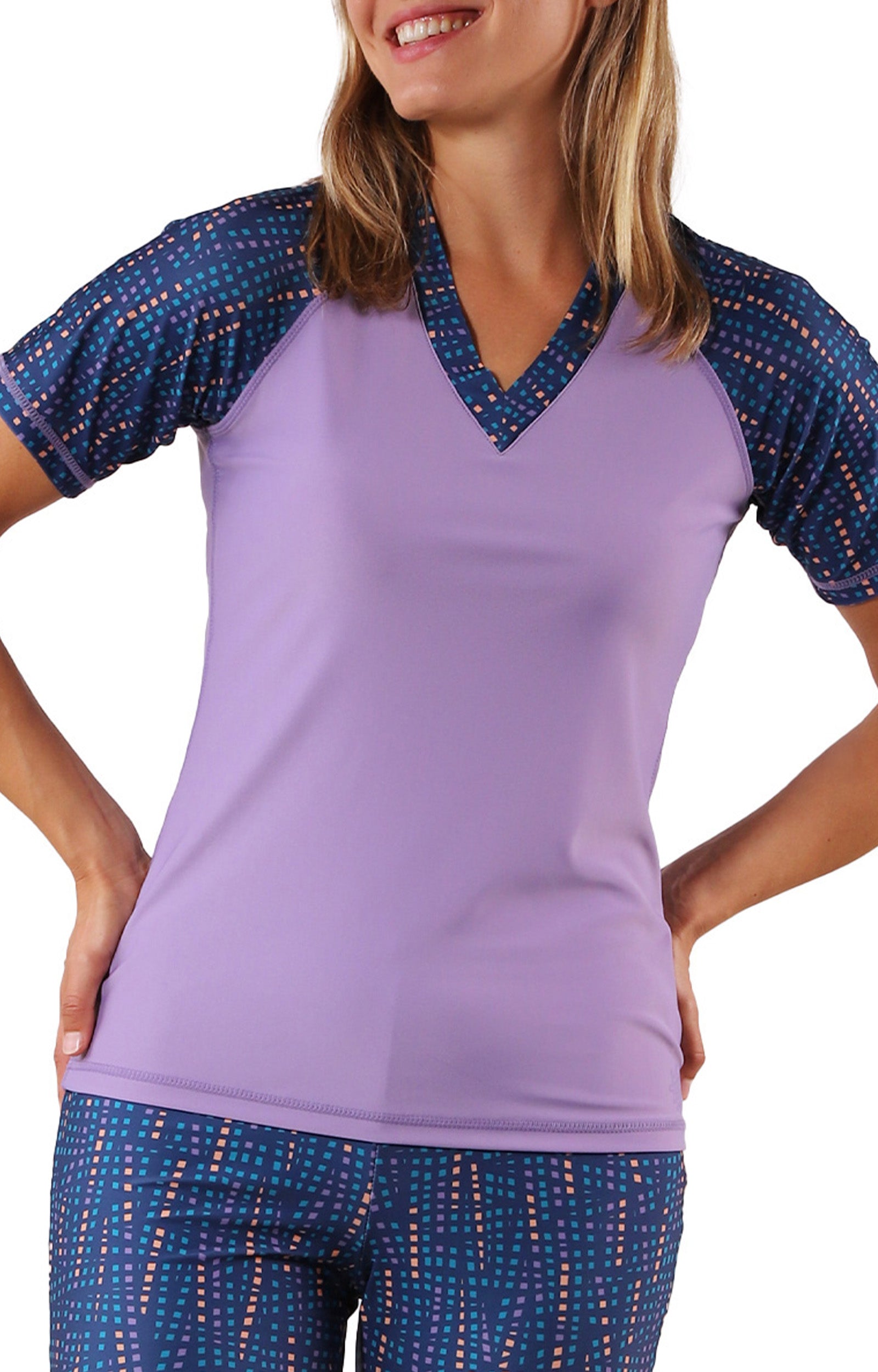 women short sleeve v-neck sun swim shirt|city-lights