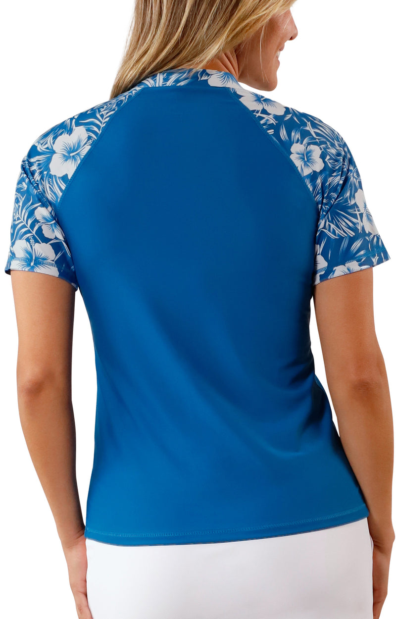 back view of uv skinz women's short sleeve v-neck sun & swim shirt in mykonos paradise|mykonos-paradise