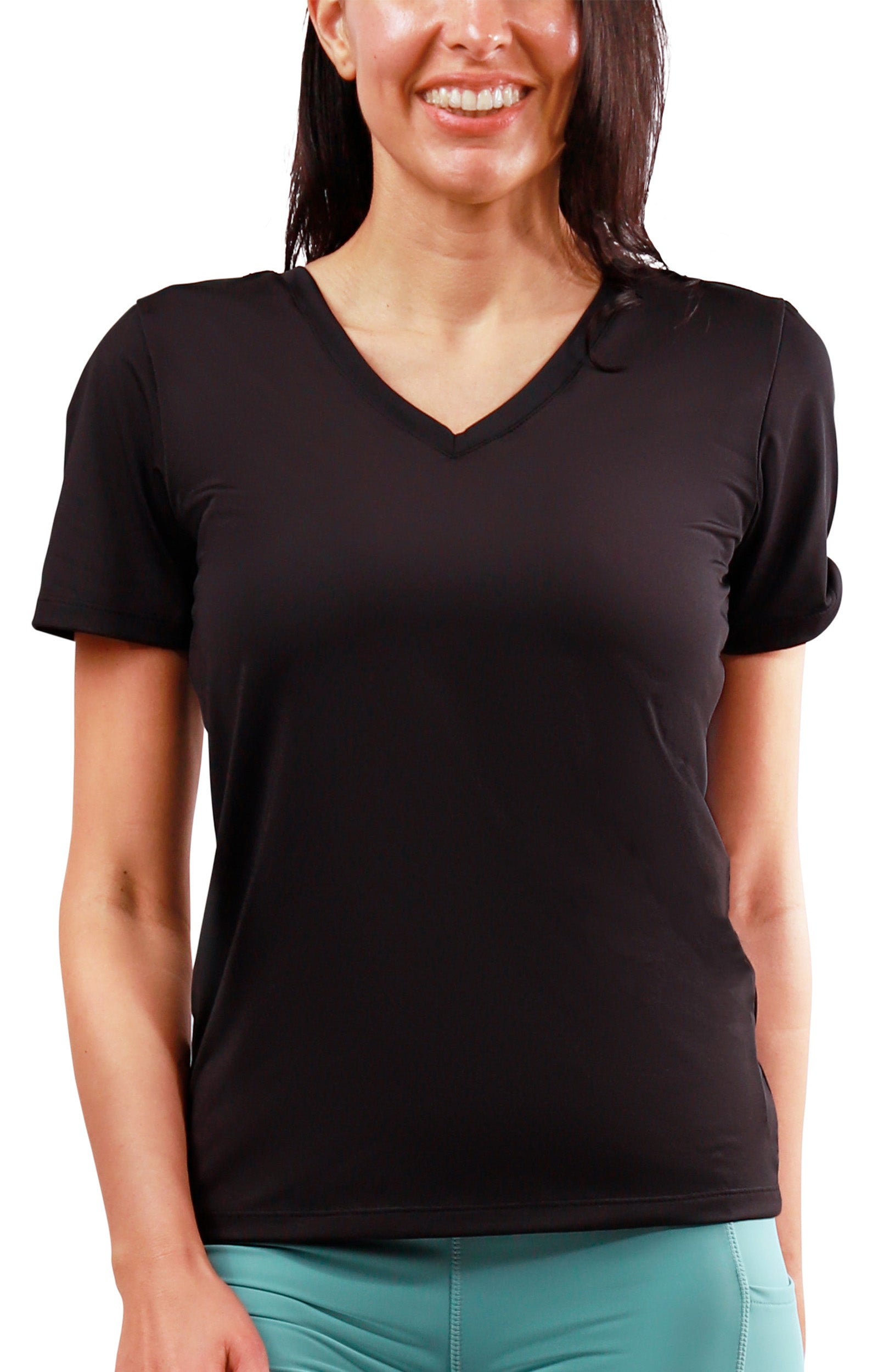 womens short sleeve active reverse neck tee in black|black