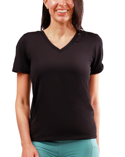 womens short sleeve active reverse neck tee in black|black