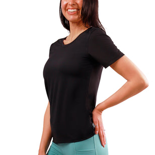 side view of womens short sleeve active reverse neck tee in black|black