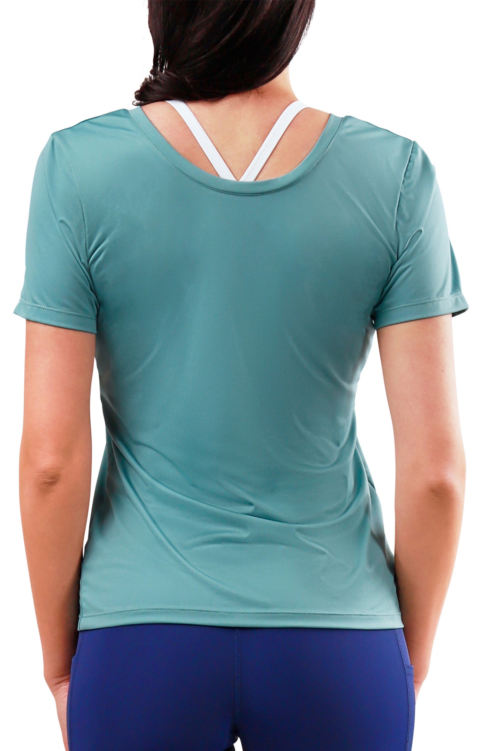 back view of womens short sleeve active reverse neck tee in river|river