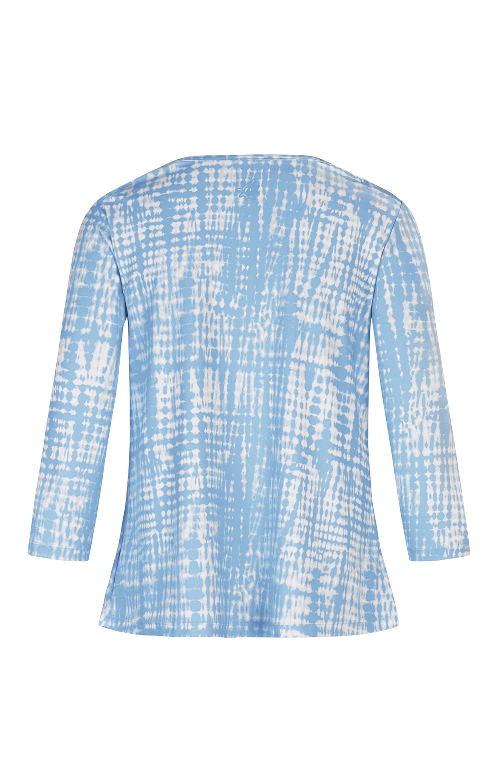 Back of the Women's 3/4 Sleeve Scoop Swing Top in Clear Sky Tie Dye|clear-sky-tie-dye