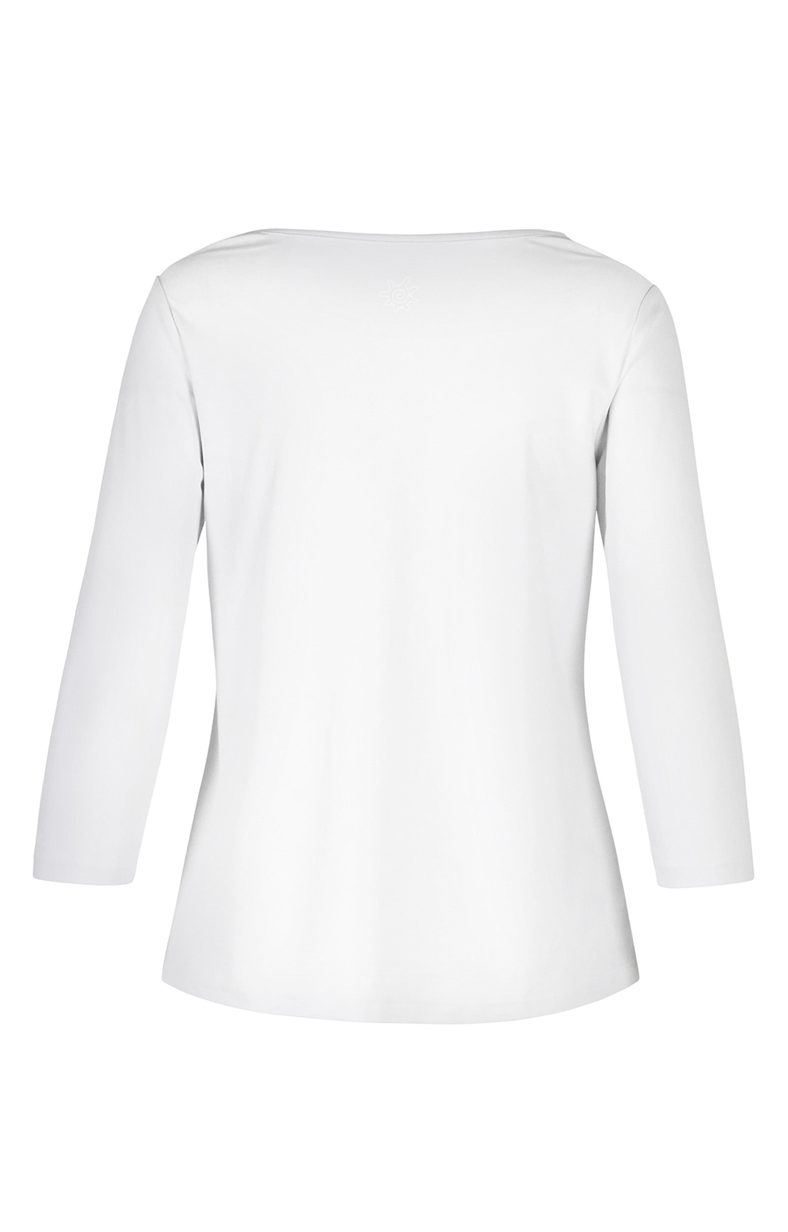 Back of the Women's 3/4 Sleeve Scoop Swing Top in White|white