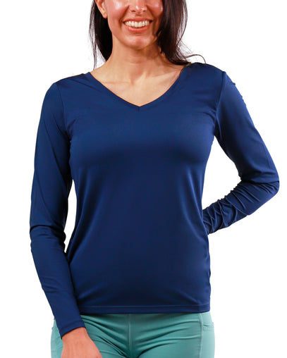 womens long sleeve reverse neck tee|dark-navy