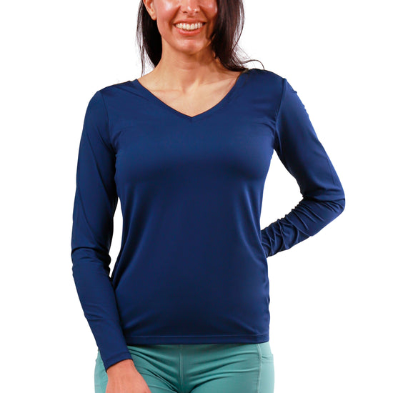 womens long sleeve reverse neck tee|dark-navy