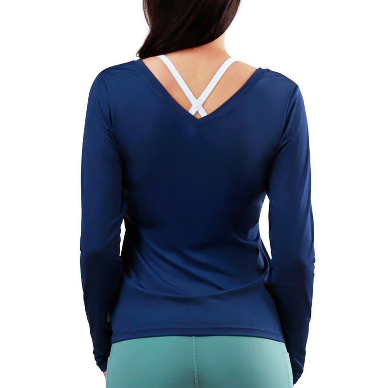 back view of womens long sleeve reverse neck tee|dark-navy