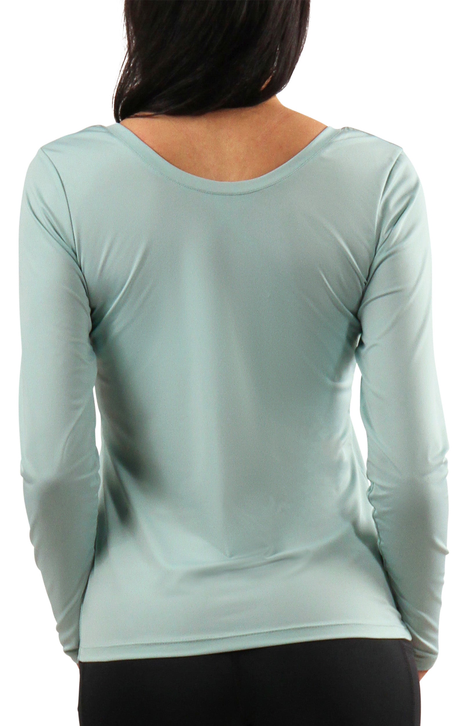 back view of womens long sleeve active reverse neck tee|dewdrop