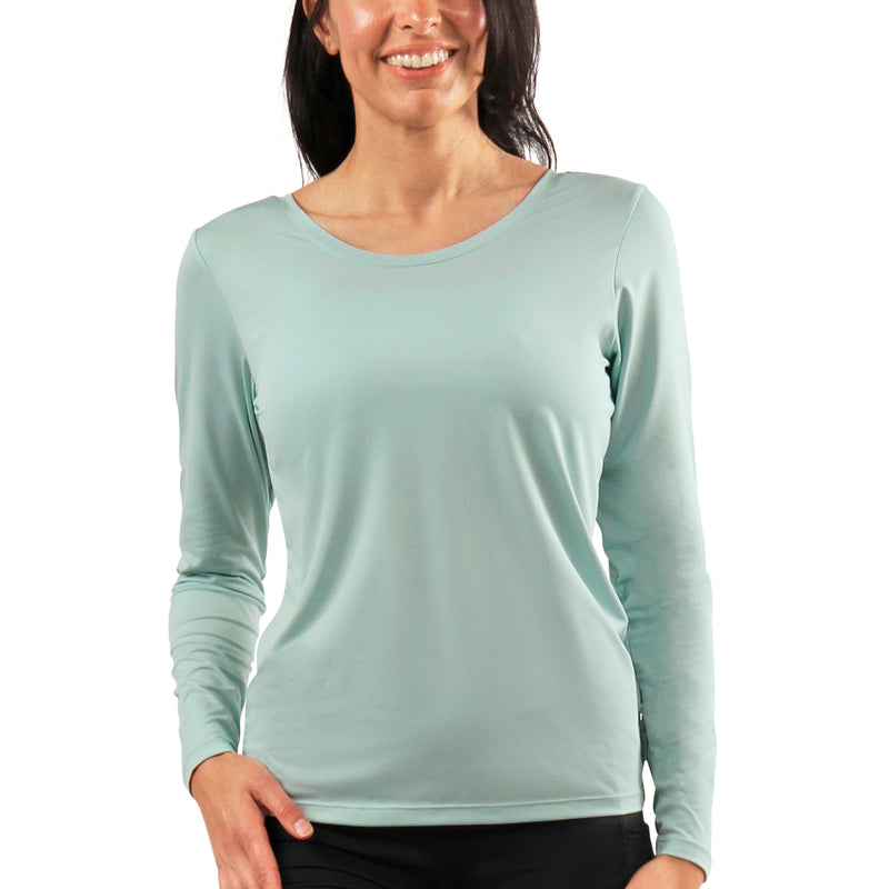 womens long sleeve active reverse neck tee|dewdrop