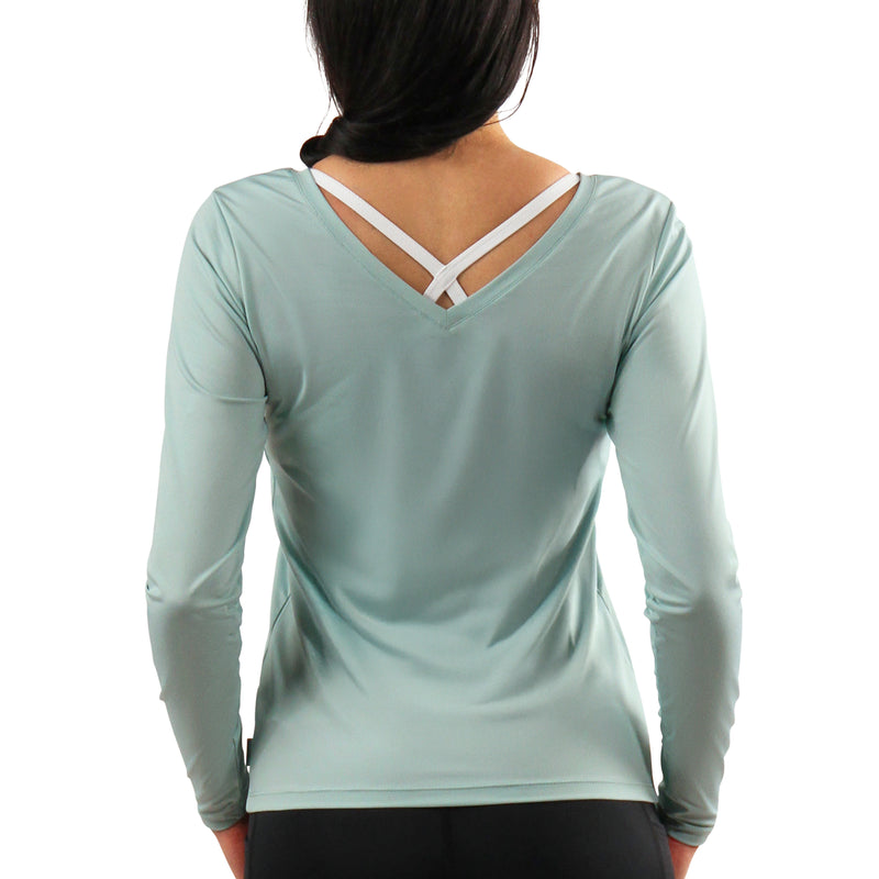 back view of womens long sleeve active reverse neck tee|dewdrop