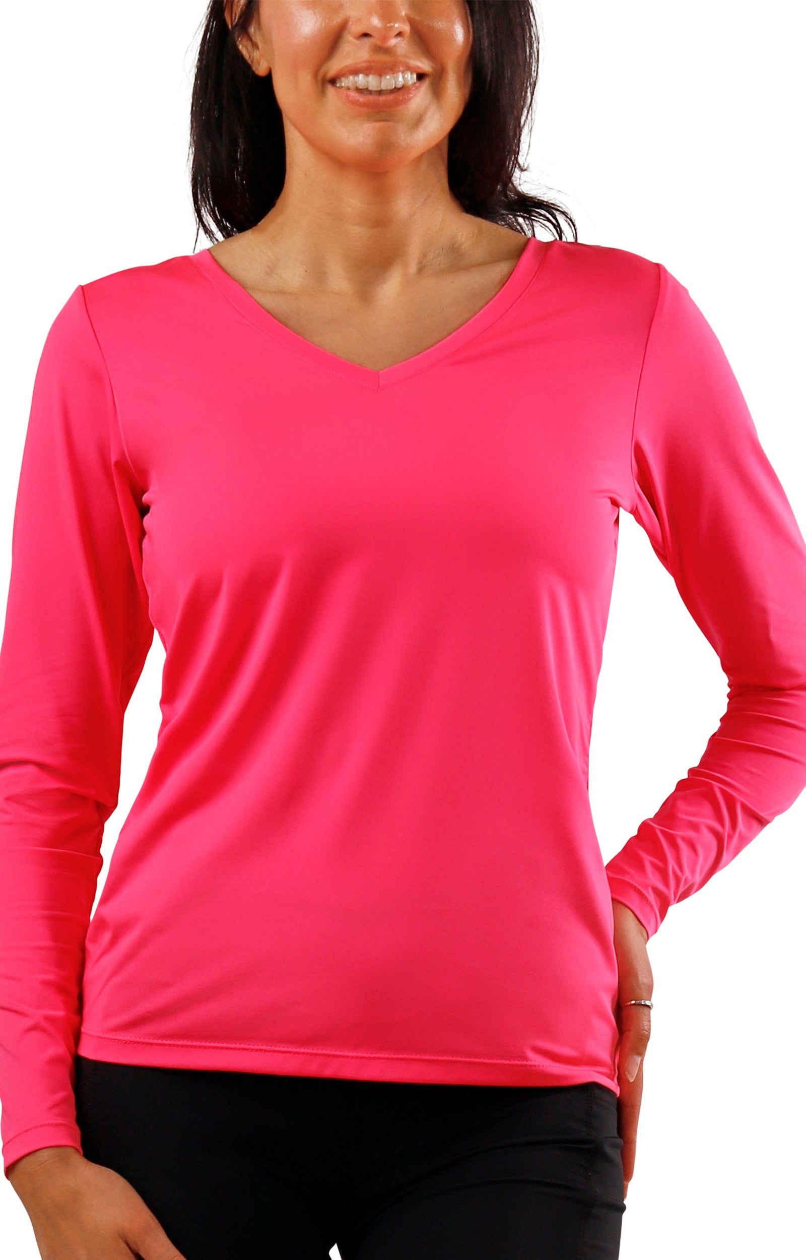 womens long sleeve active reverse neck tee|neon-pink