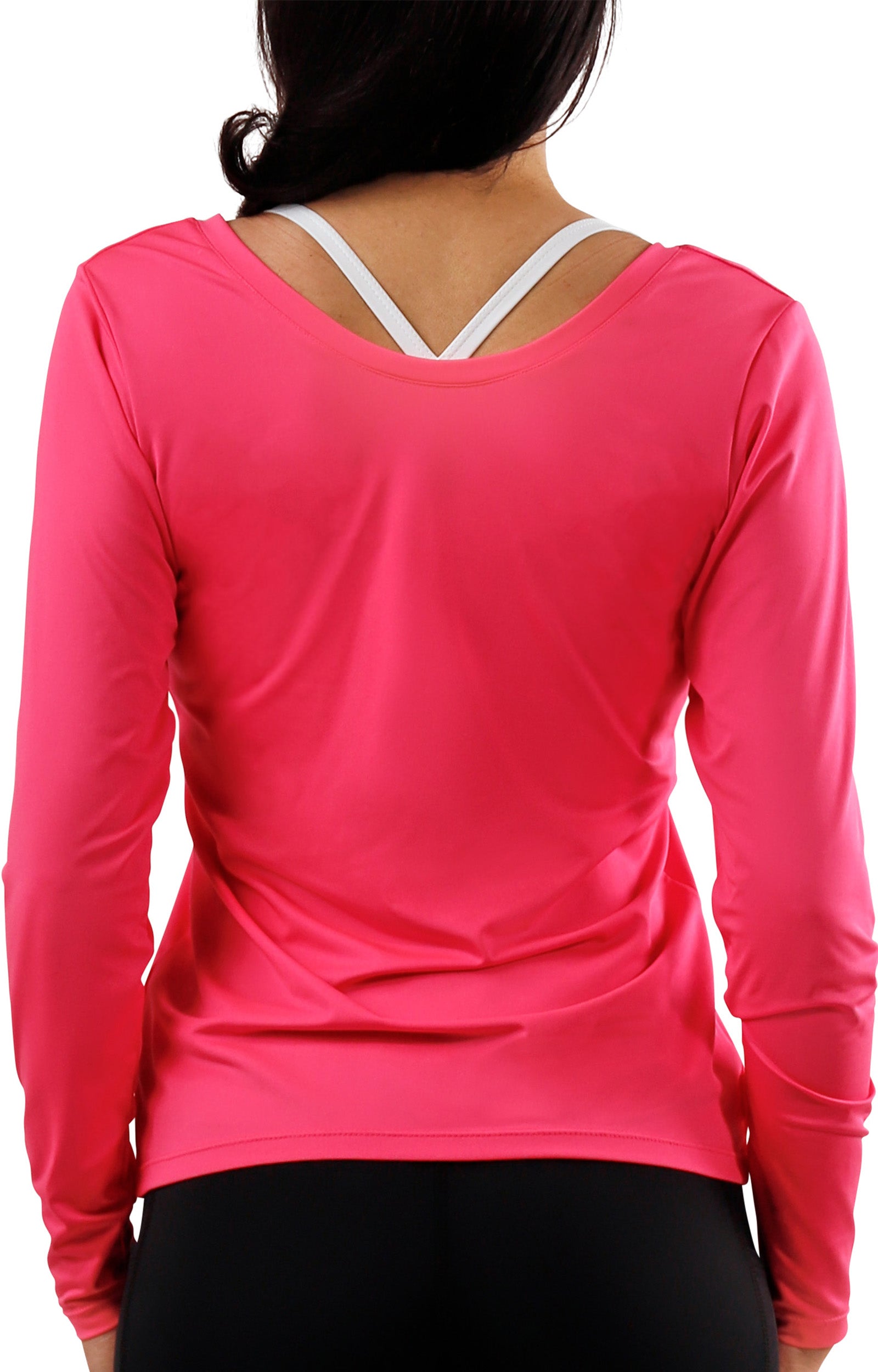 back view of womens long sleeve active reverse neck tee|white
