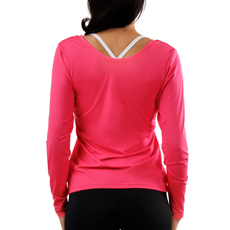 back view of womens long sleeve active reverse neck tee|white