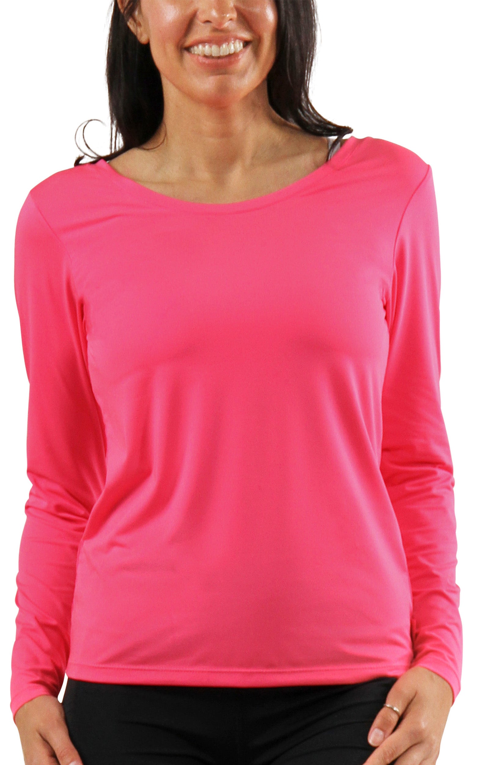 womens long sleeve active reverse neck tee|neon-pink