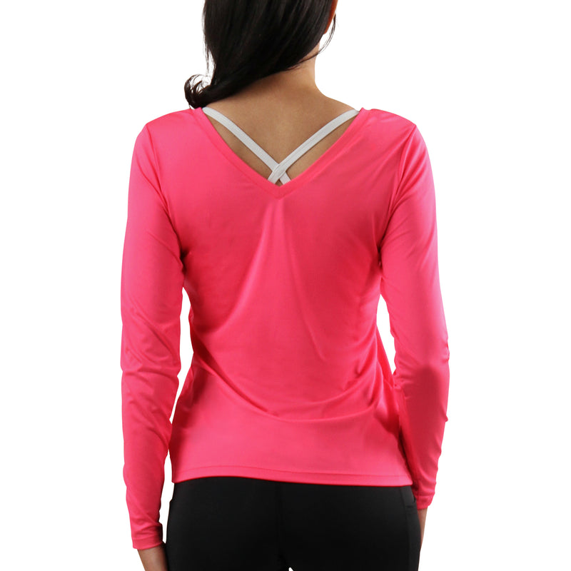 back of womens long sleeve active reverse neck tee|neon-pink