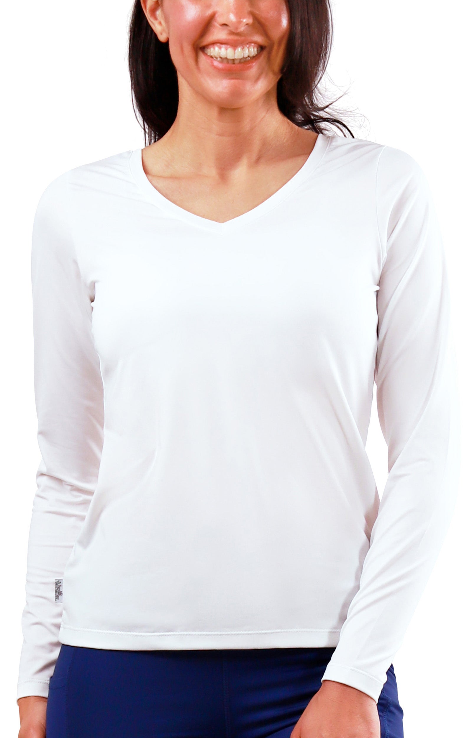 womens long sleeve active reverse neck tee|white
