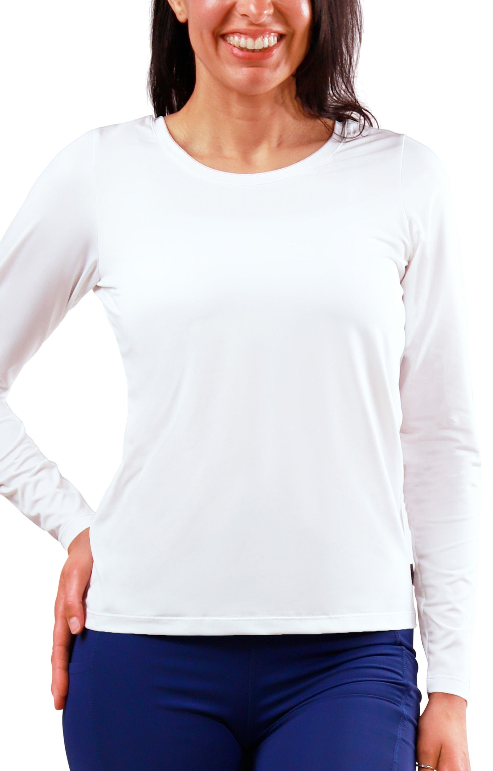 womens long sleeve active reverse neck tee|white