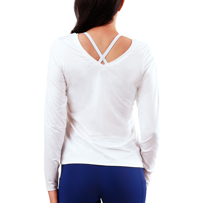 back view of womens long sleeve active reverse neck tee|white