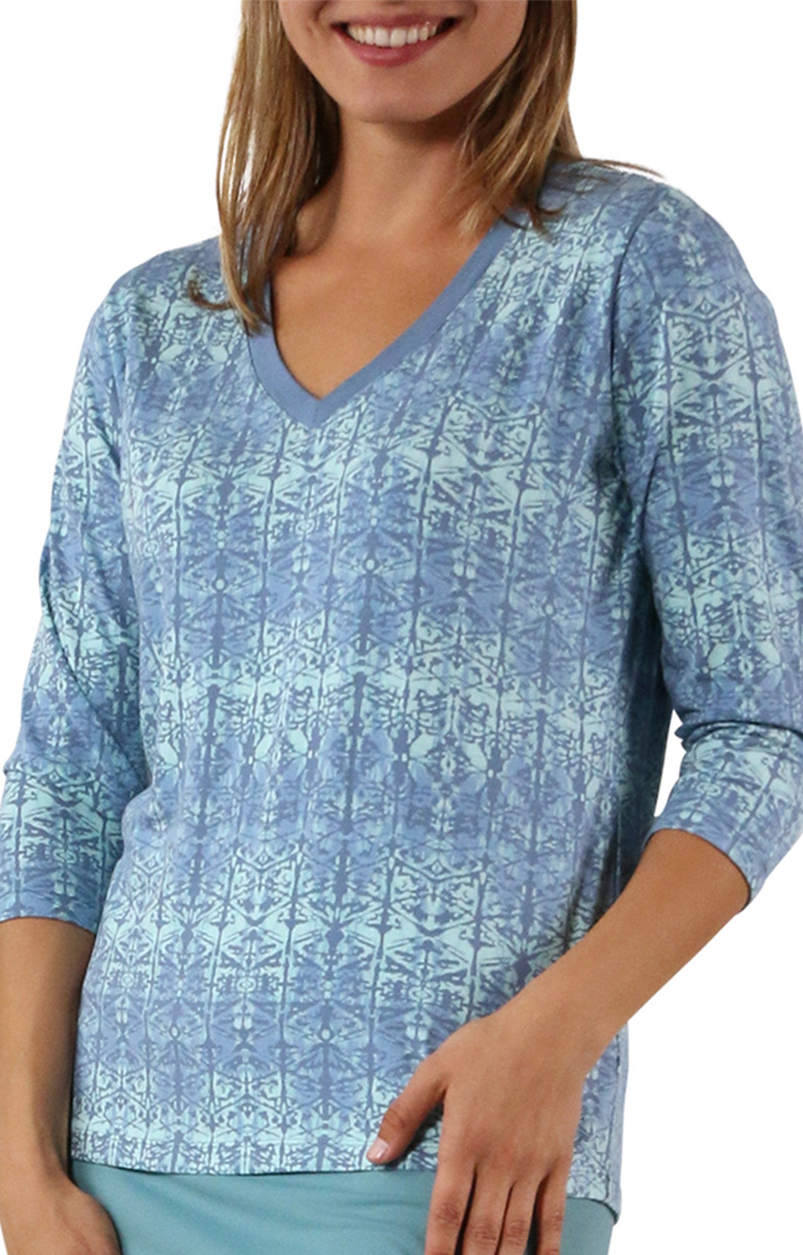 Women's 3/4 Sleeve V-Neck R&R Tee in Baltic Kaleidoscope|baltic-kaleidoscope