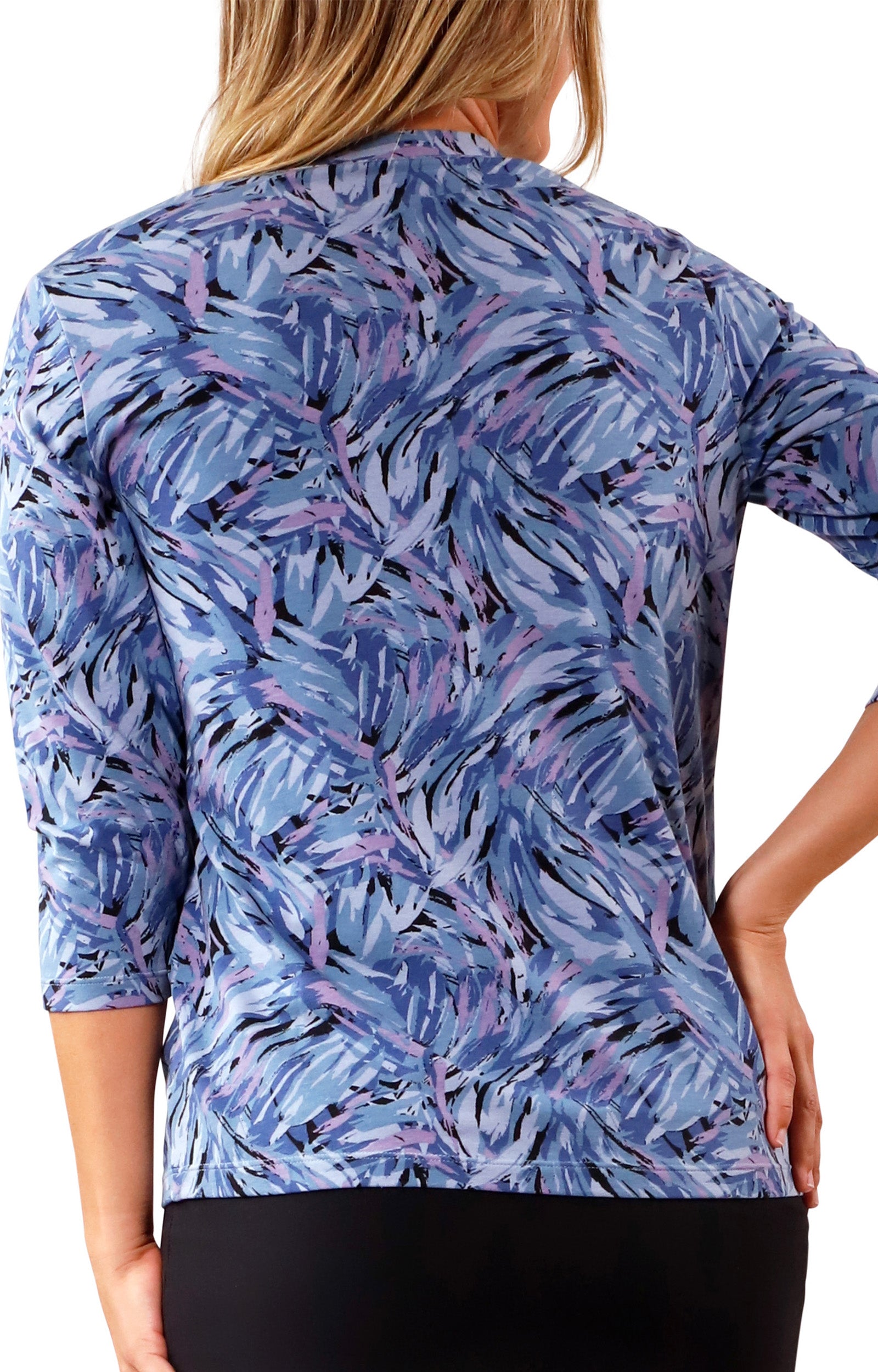 back view of womens vneck r&r tee in brushstrokes|brushstrokes