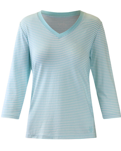 Women's 3/4 Sleeve V-Neck R&R Tee in Glacier Stripe|glacier-stripe
