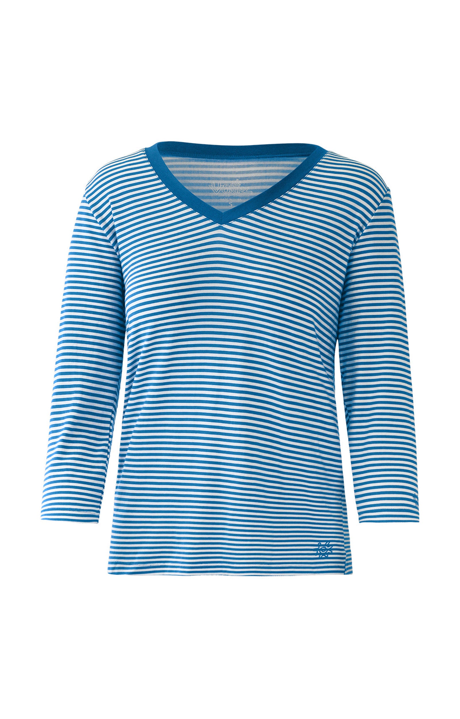Women's 3/4 Sleeve V-Neck R&R Tee in Mykonos Stripe|mykonos-stripe