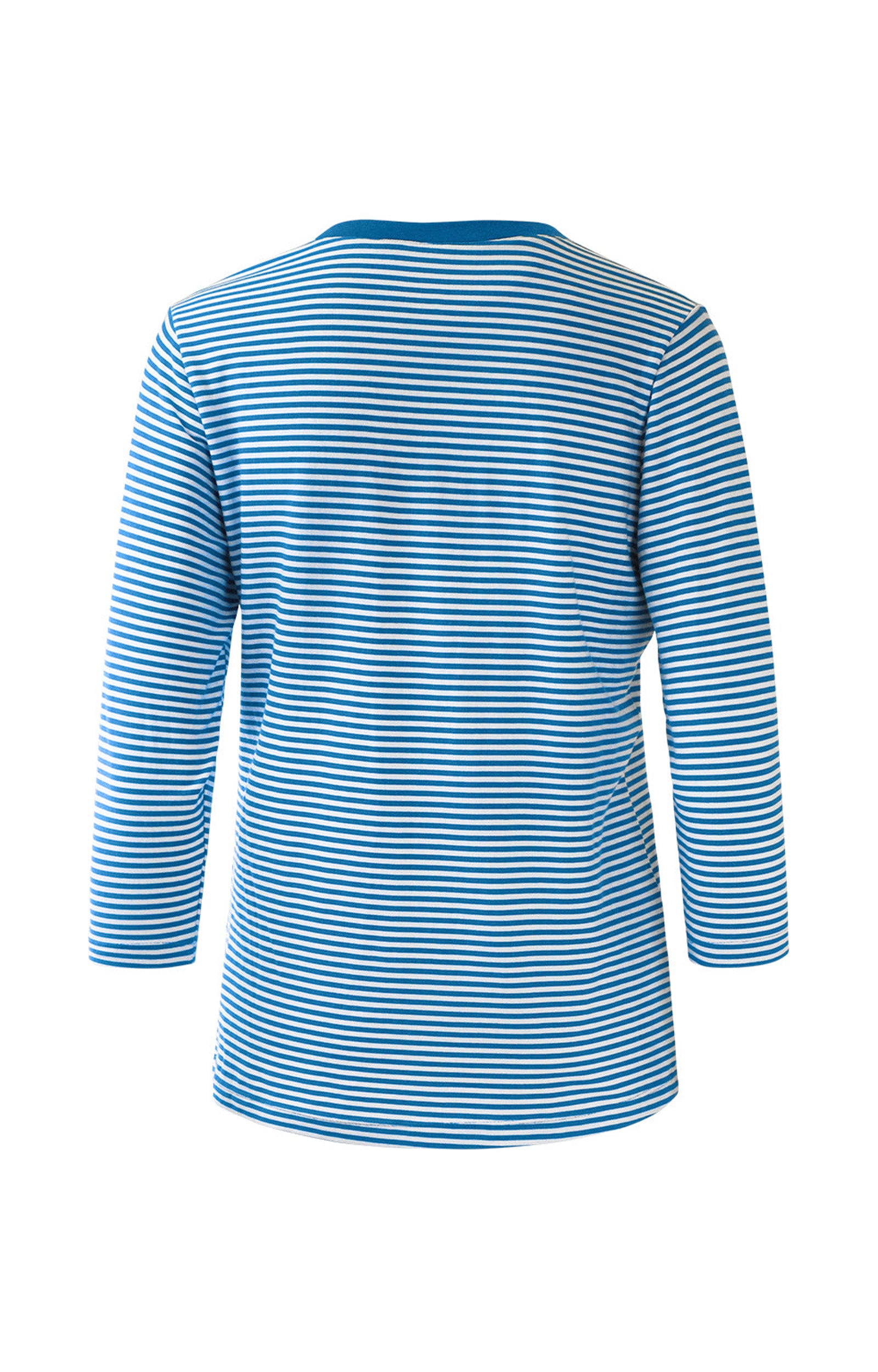 Back of the Women's 3/4 Sleeve V-Neck R&R Tee in Mykonos Stripe|mykonos-stripe