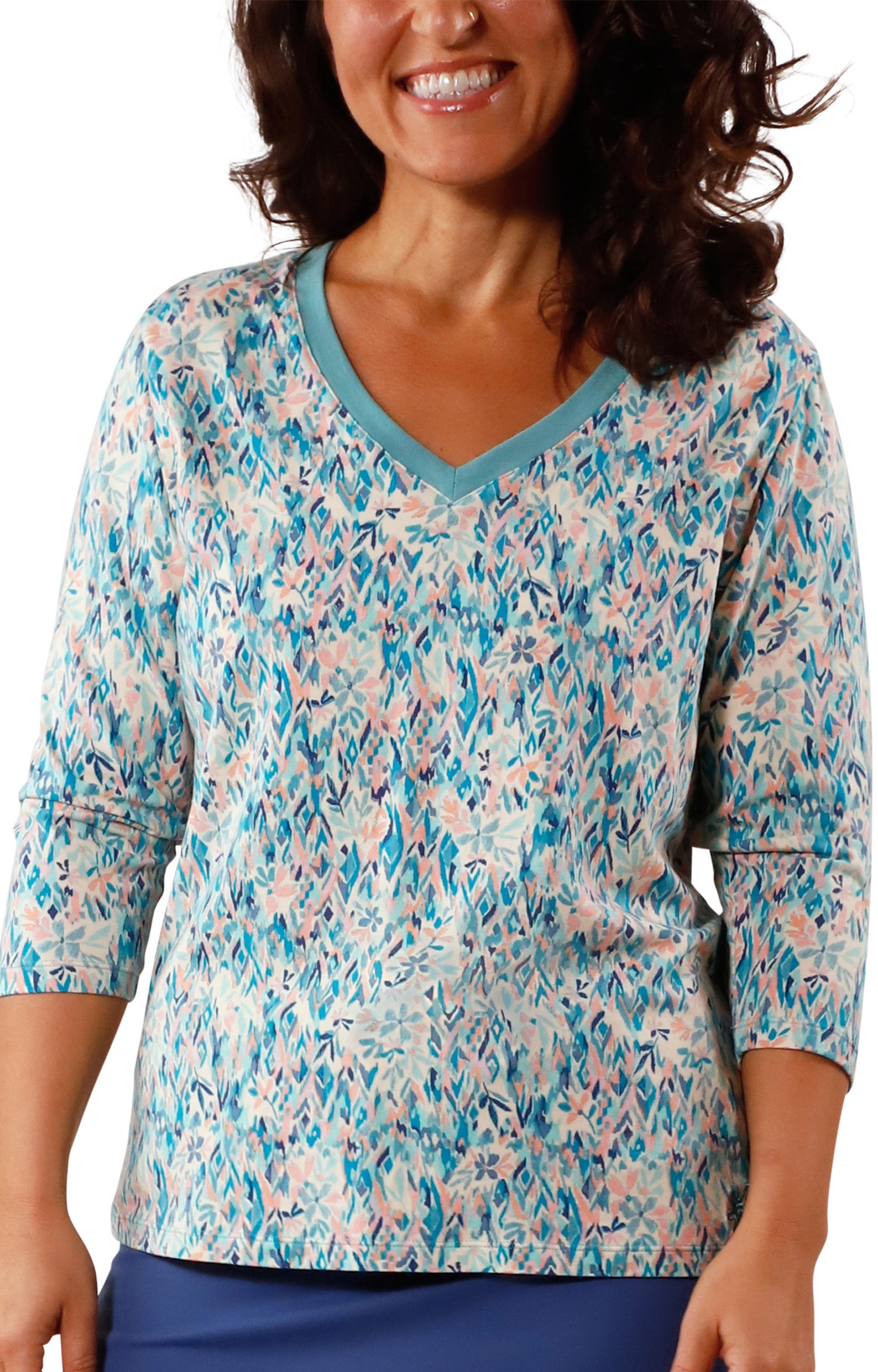 Women's 3/4 Sleeve V-Neck R&R Tee in River Painted Eden|river-painted-eden
