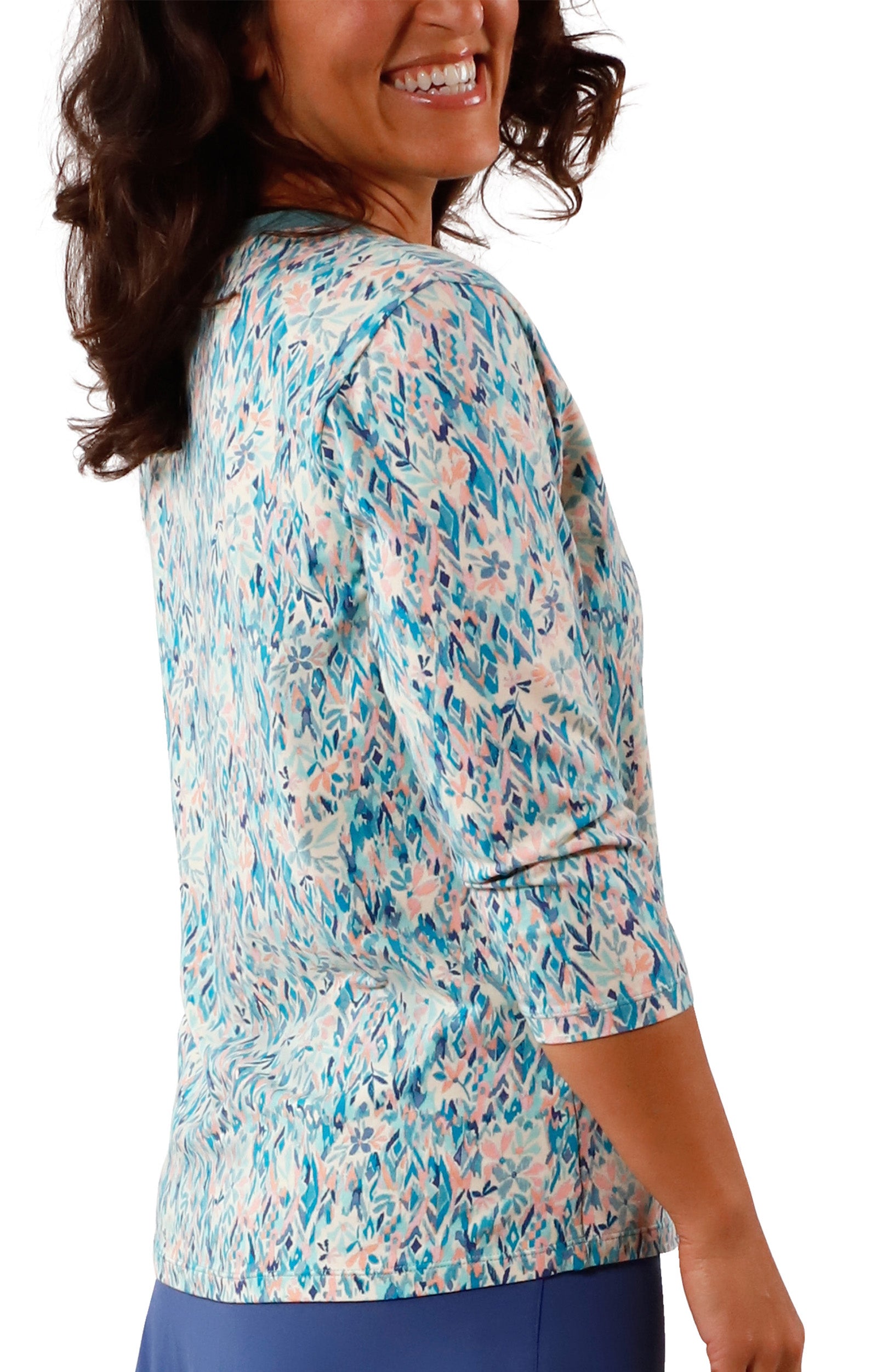 side view of Women's 3/4 Sleeve V-Neck R&R Tee in River Painted Eden|river-painted-eden