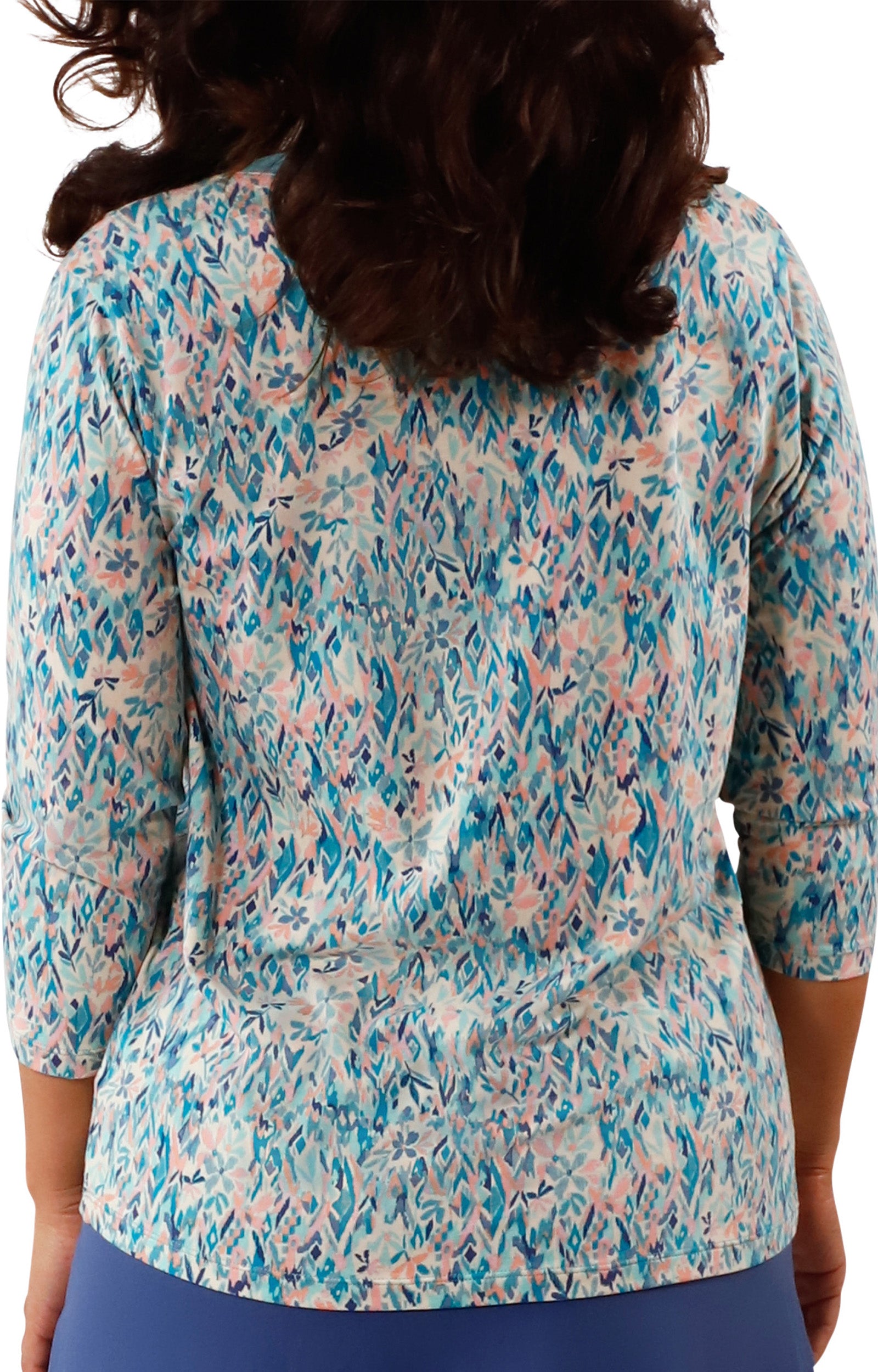 back view of Women's 3/4 Sleeve V-Neck R&R Tee in River Painted Eden|river-painted-eden