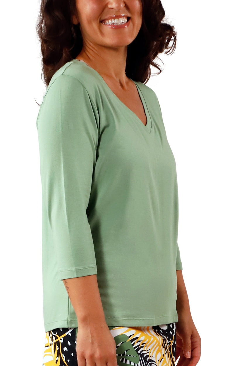 side view of Women's 3/4 Sleeve V-Neck R&R Tee in Sage|sage
