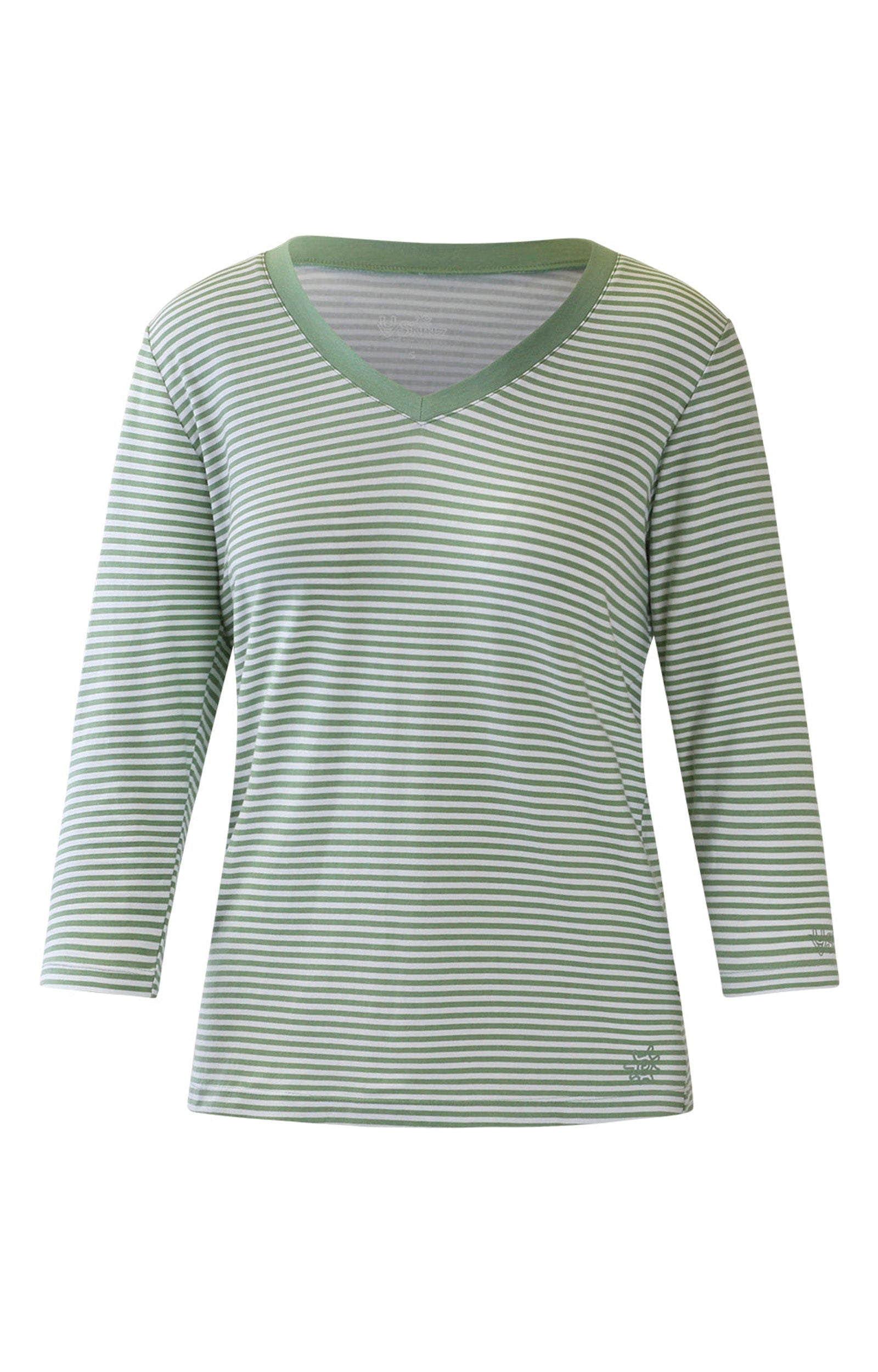 Women's 3/4 Sleeve V-Neck R&R Tee in Sage Stripe|sage-stripe