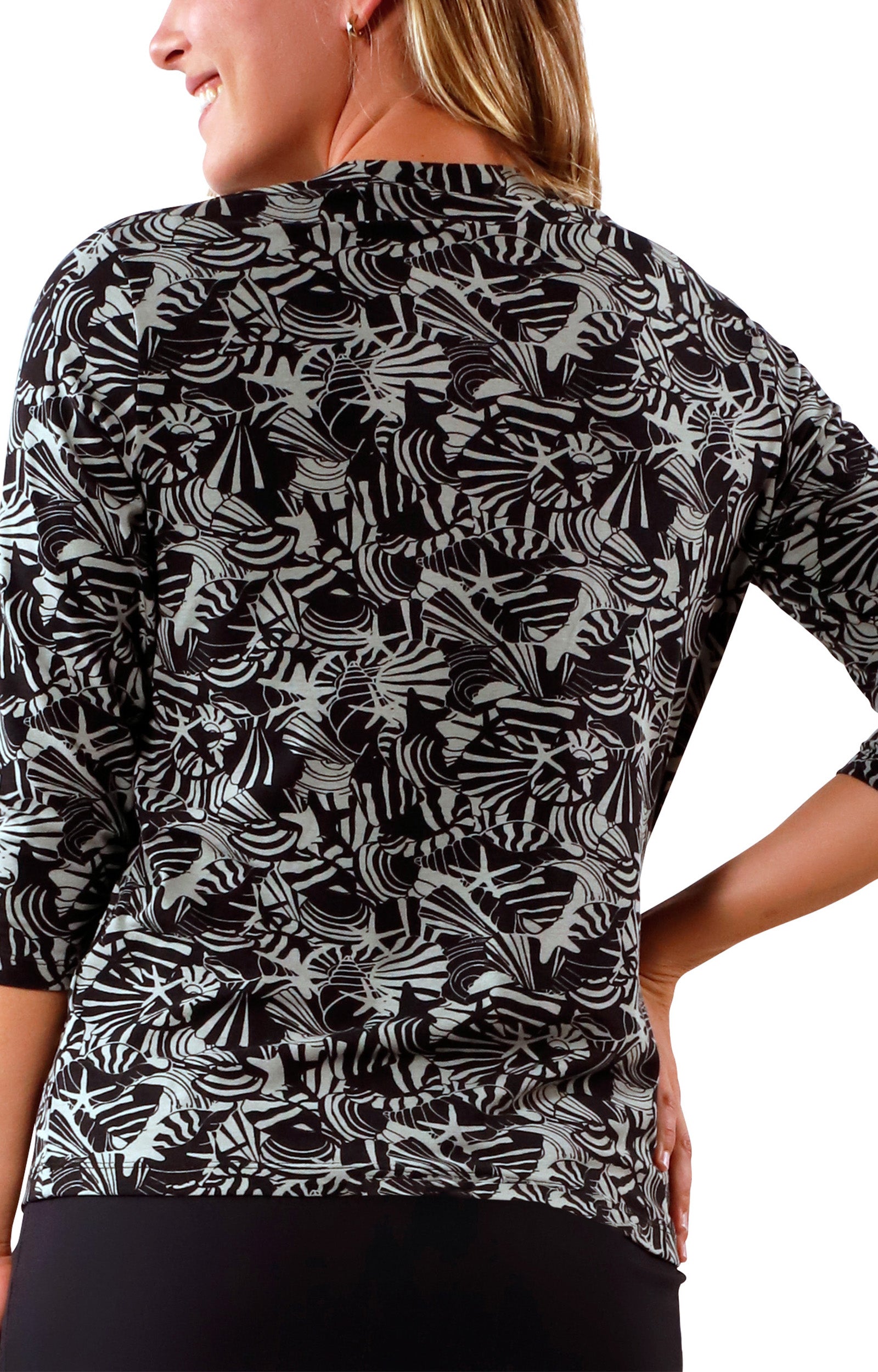 back view of womens vneck r&r tee in shadow shells|shadow-shells