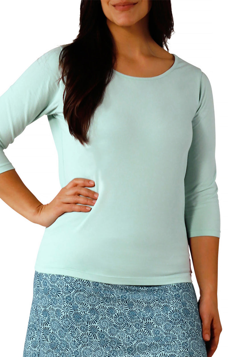 womens 3/4 sleeve scoop neck r&r tee in dewdrop|dewdrop
