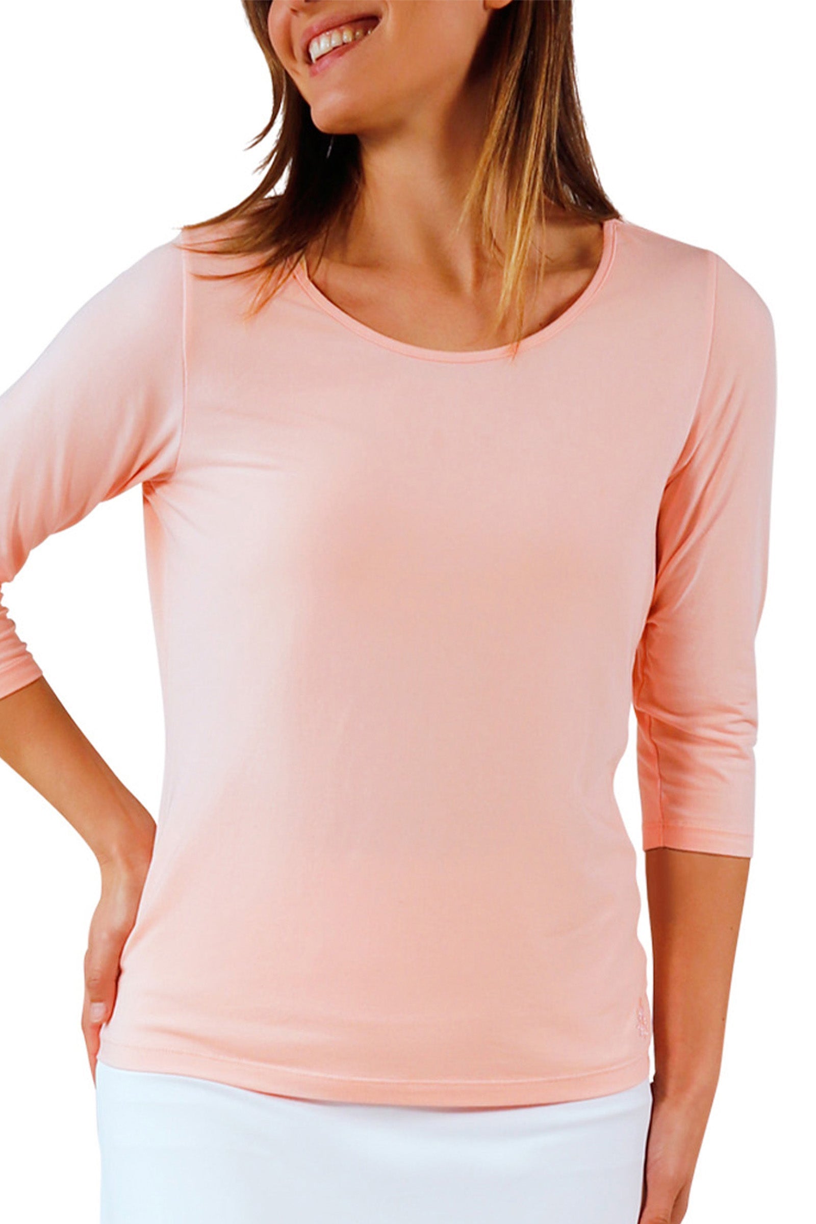 womens 3/4 sleeve scoop neck r&r tee|rosewater