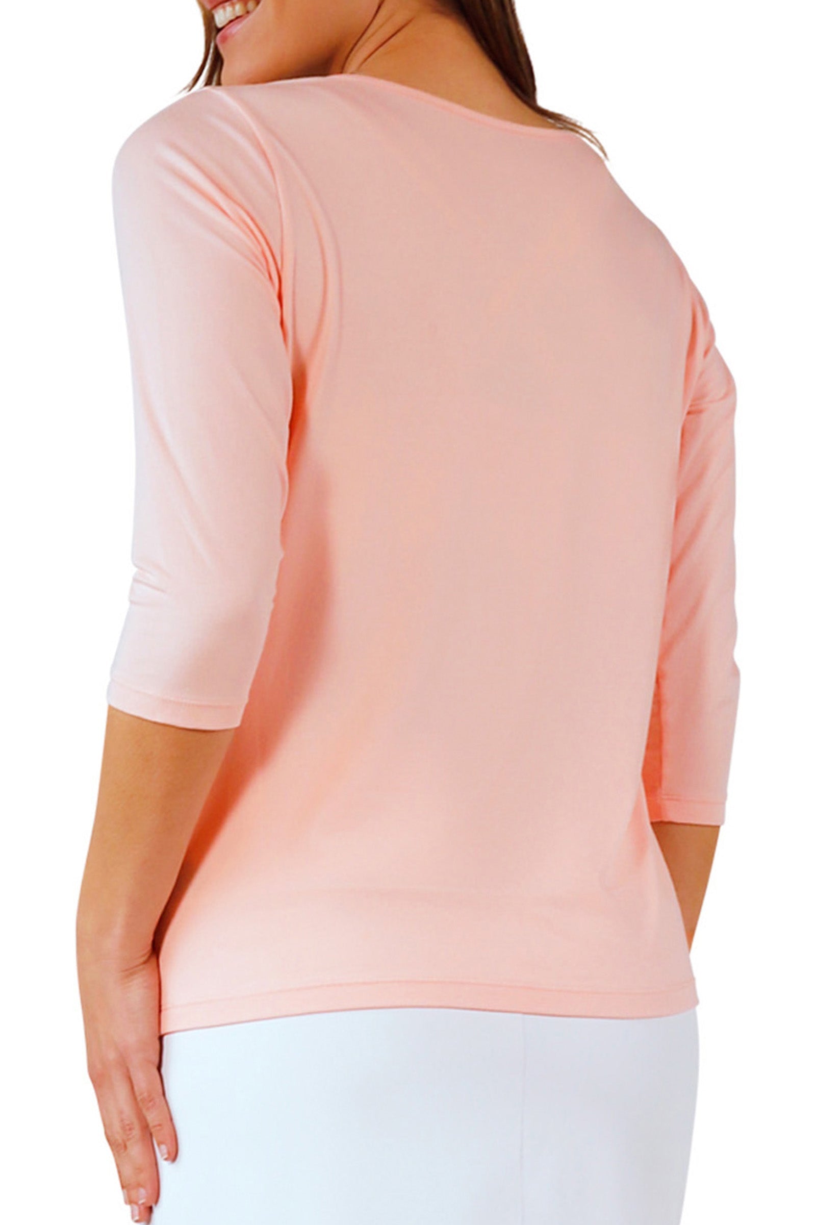 back view of womens 3/4 sleeve scoop neck r&r tee|rosewater