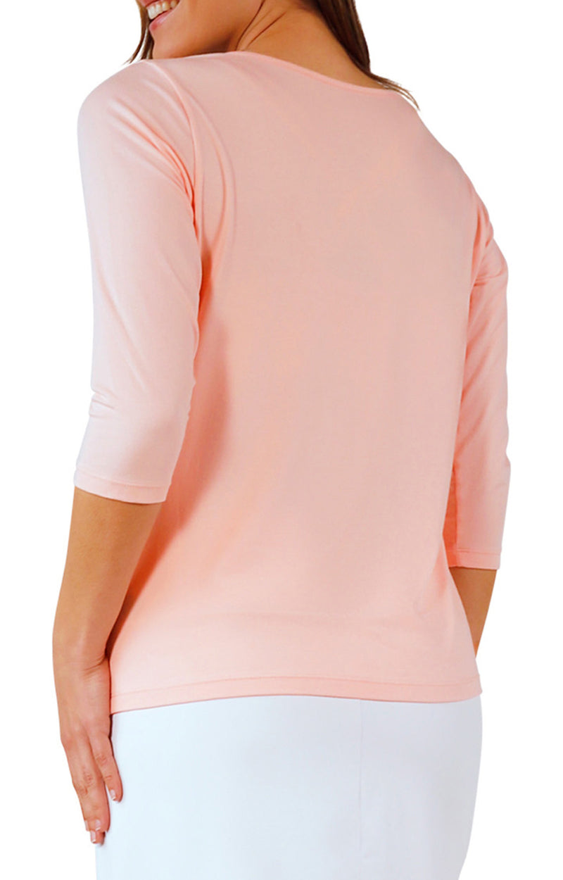 back view of womens 3/4 sleeve scoop neck r&r tee|rosewater