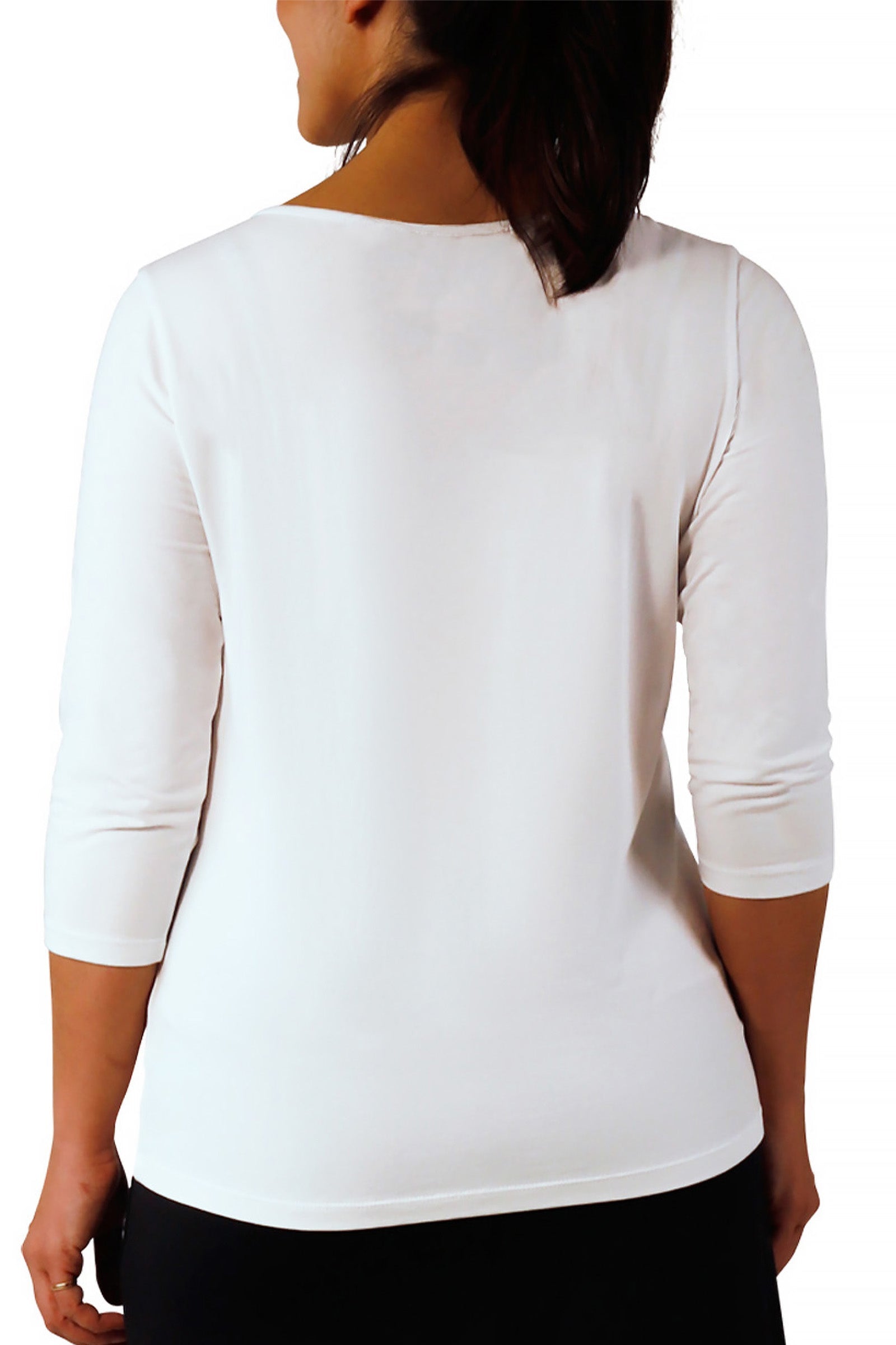 back view of womens 3/4 sleeve scoop neck r&r tee|white
