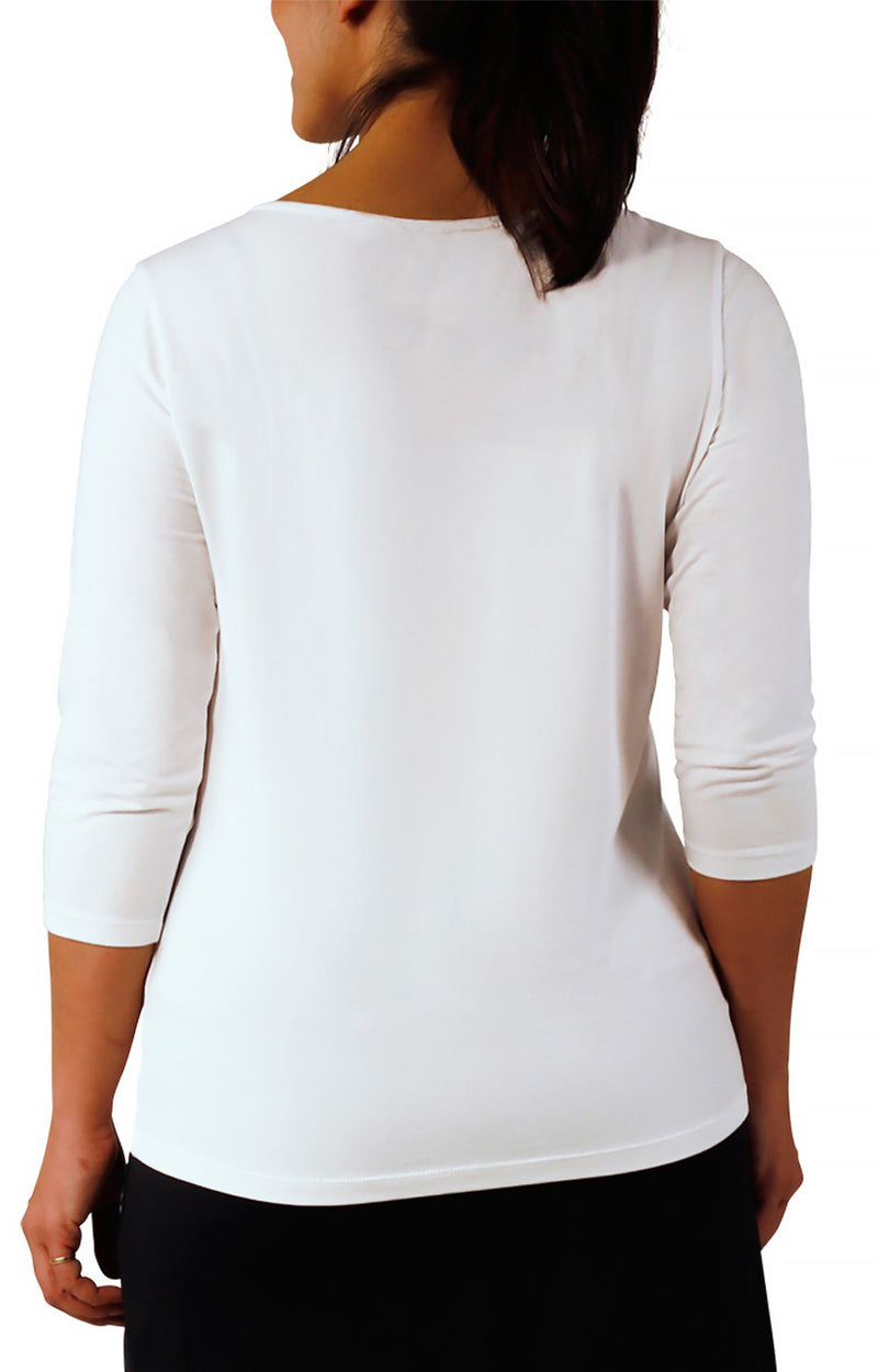 back view of womens 3/4 sleeve scoop neck r&r tee|white