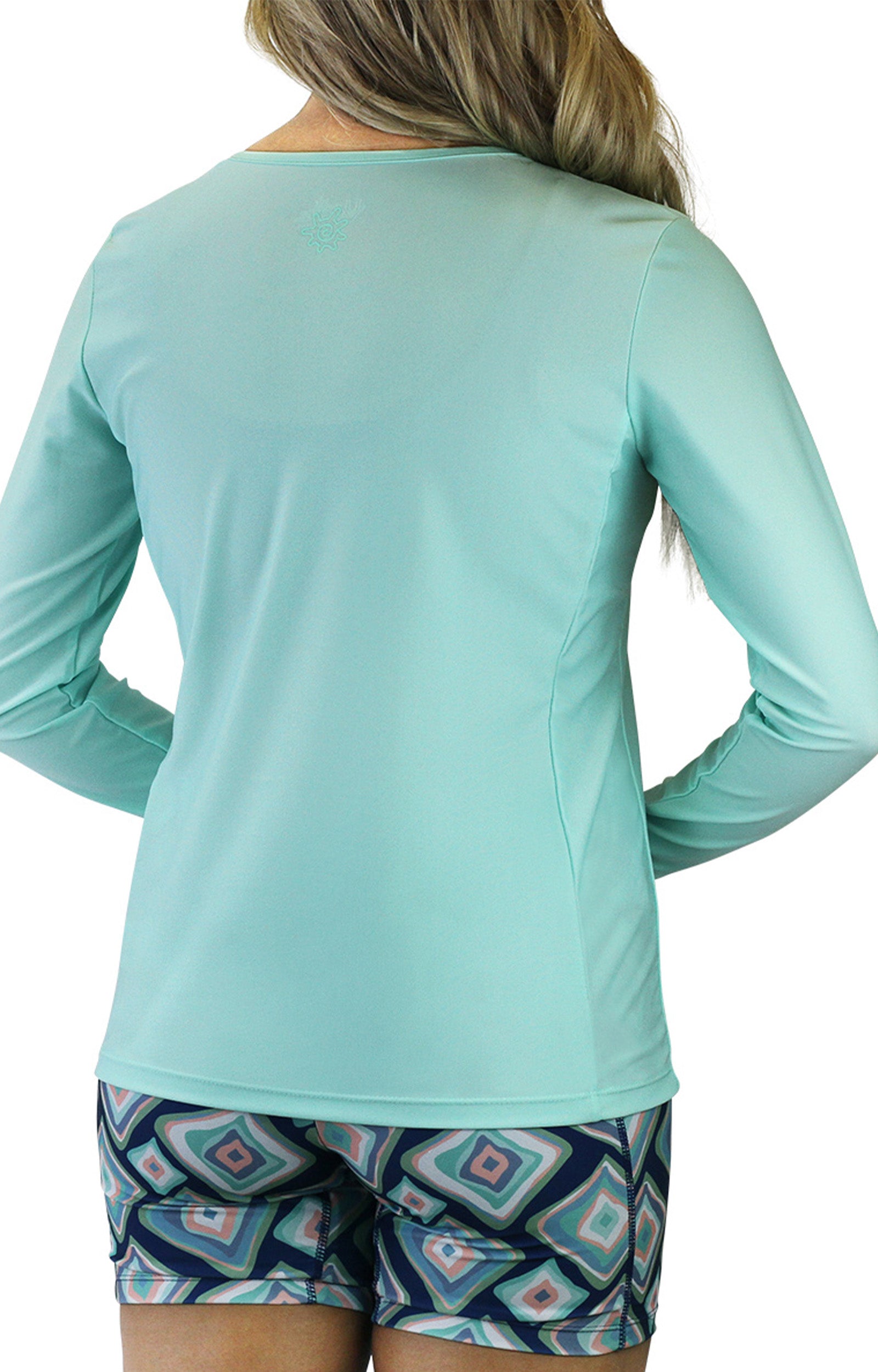 back of the women's long sleeve crew swim shirt in beach glass|beach-glass