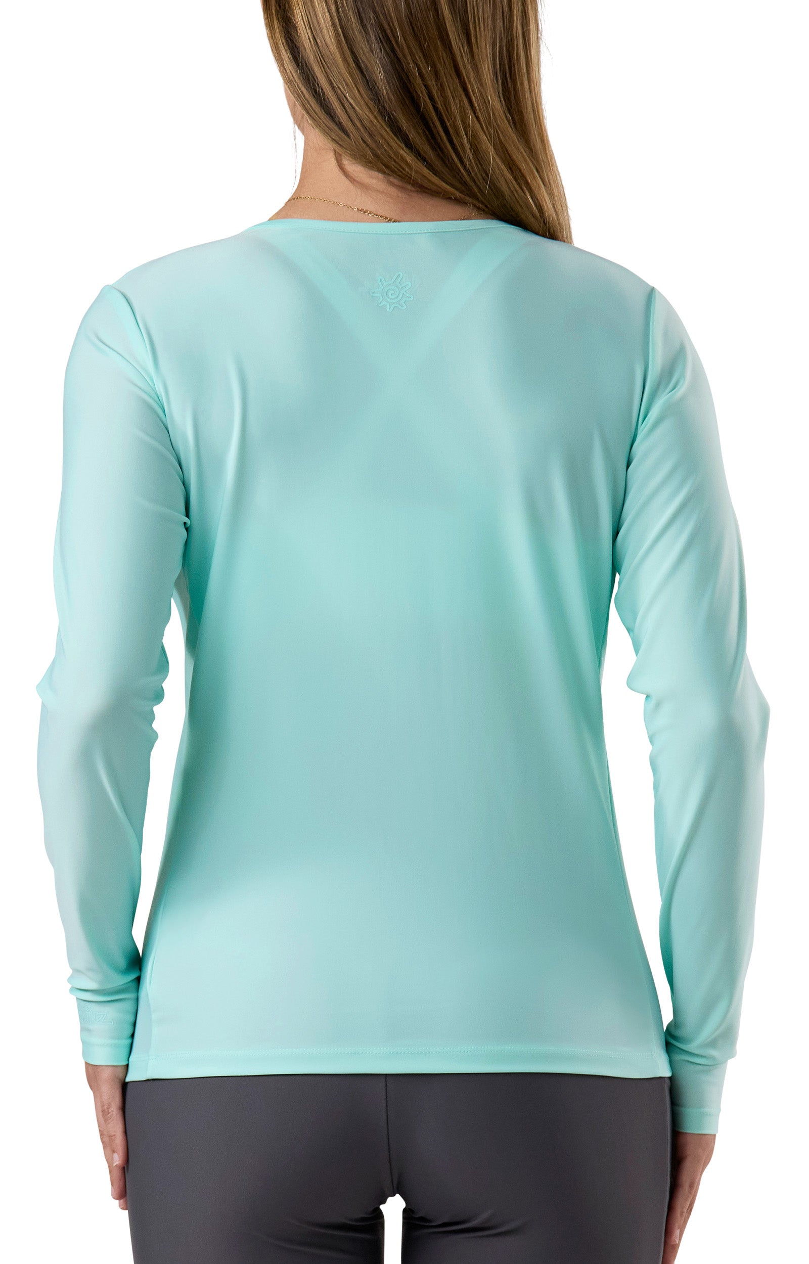 back of the women's long sleeve crew swim shirt in beach glass|beach-glass