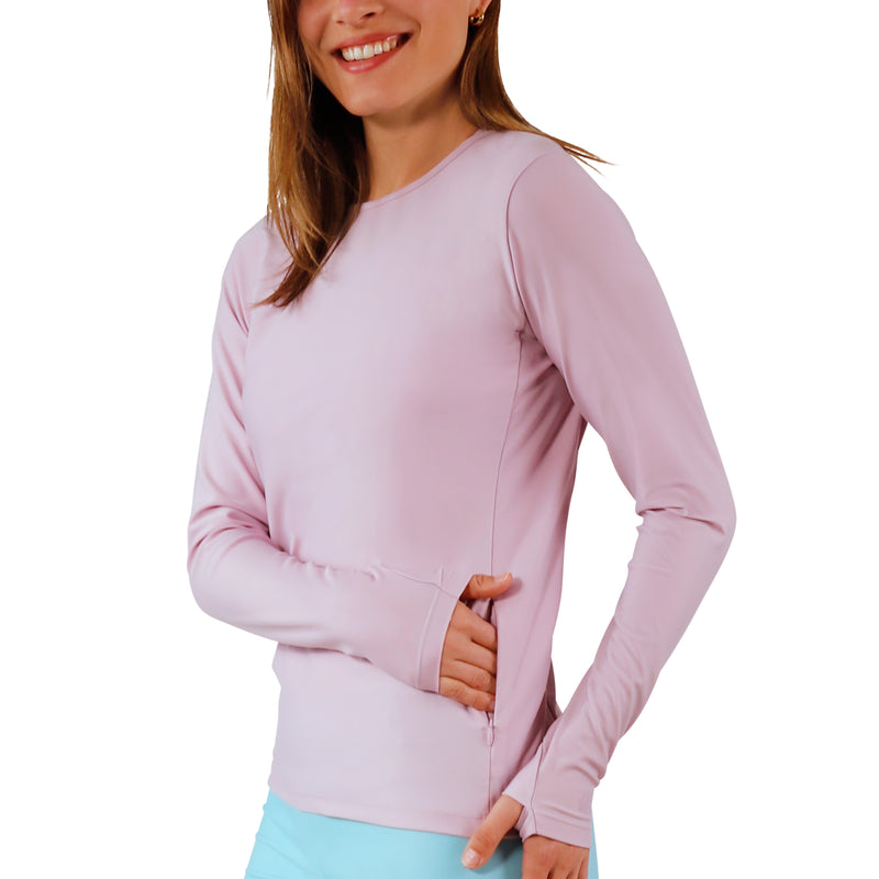 pocket view of womens long sleeve crew sun and swim shirt in lotus|lotus