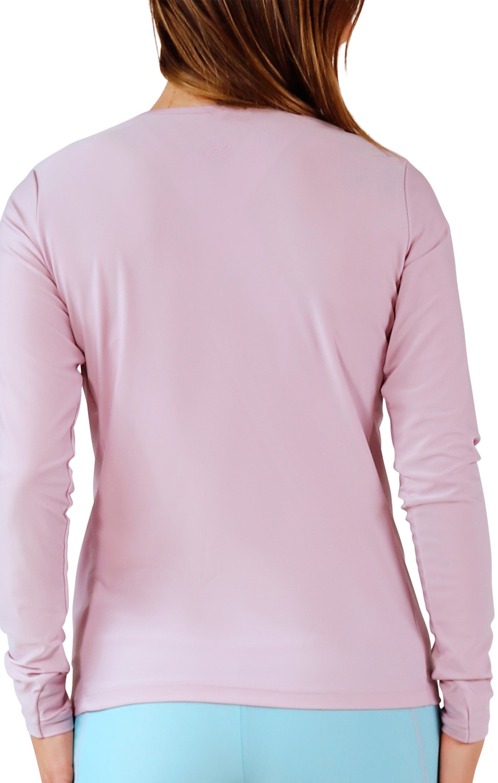 back view of womens long sleeve crew sun and swim shirt in lotus|lotus